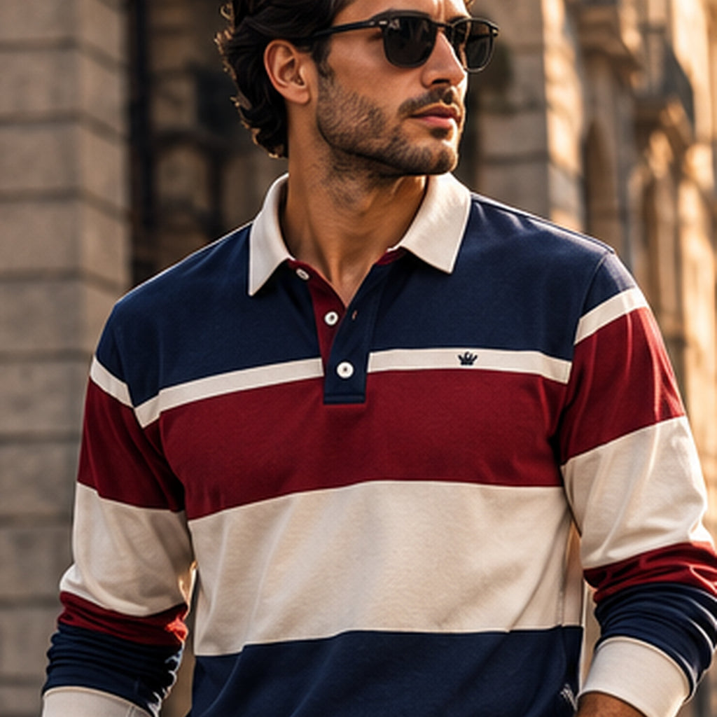 Man wearing the striped rugby knit polo in the city