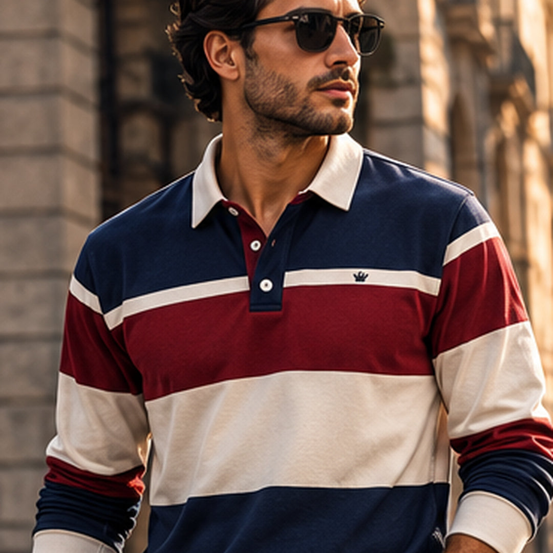 Man wearing the striped rugby knit polo in the city