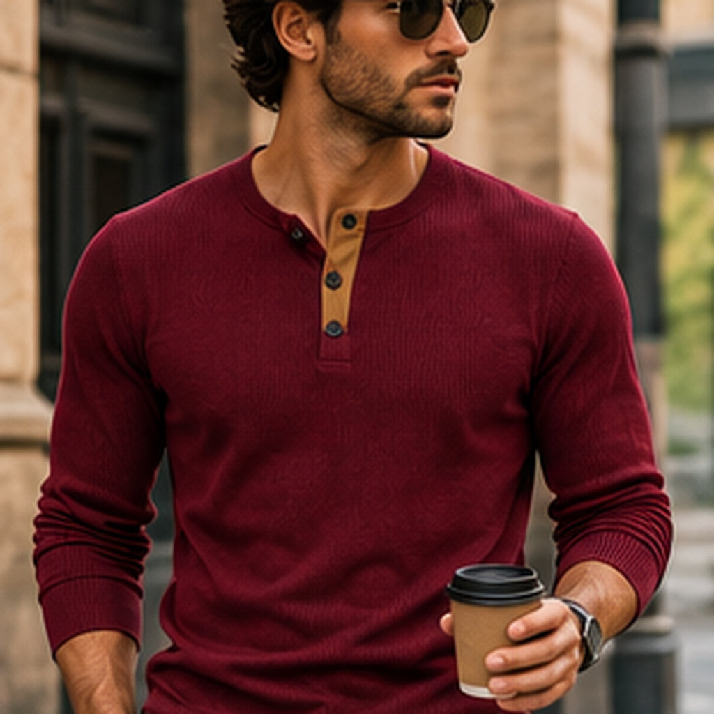 Man wearing the waffle knit henley in burgundy