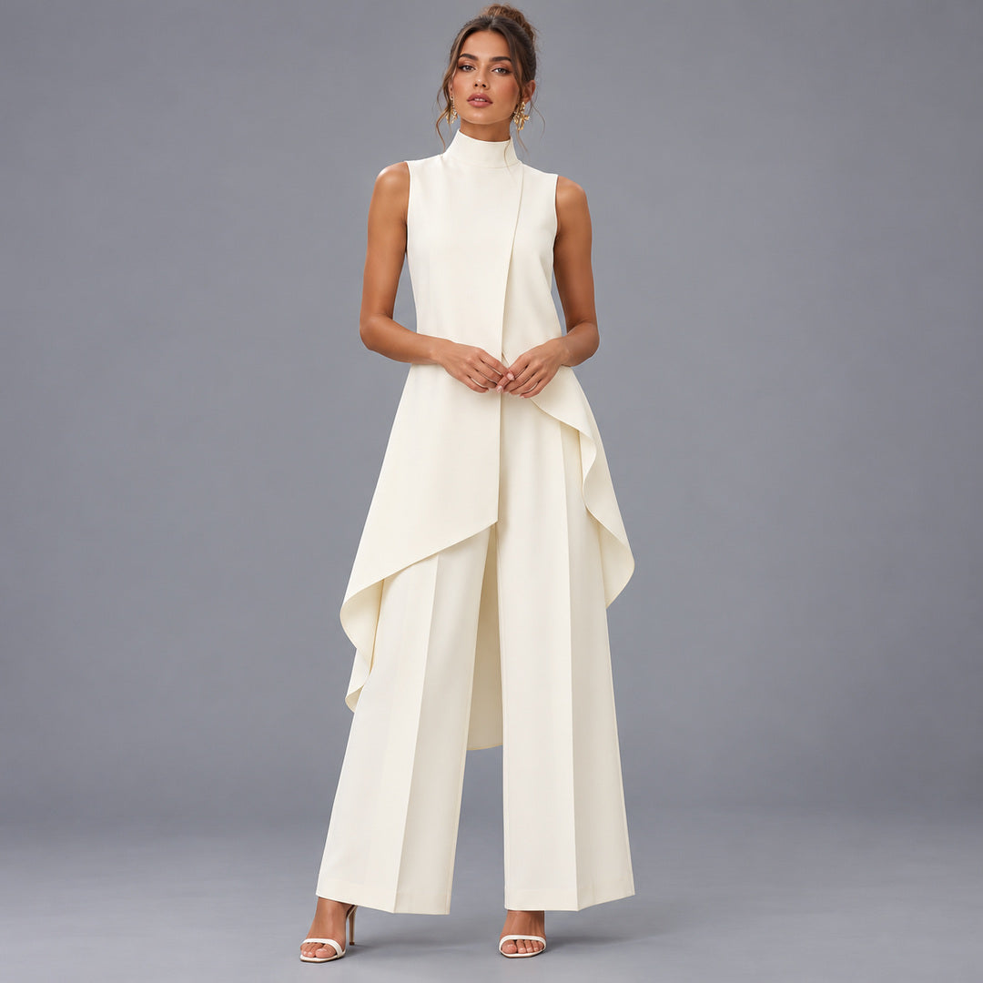 Woman wearing the ivory draped top and wide-leg pants set