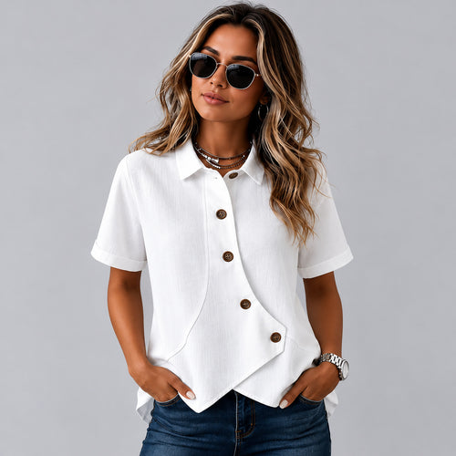 Woman wearing the white asymmetric button shirt