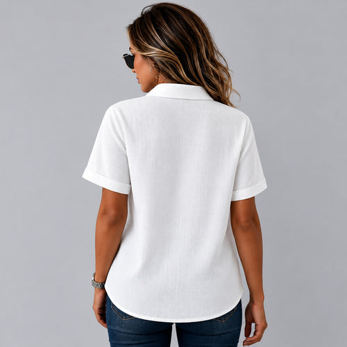 Asymmetric button shirt, back view on model