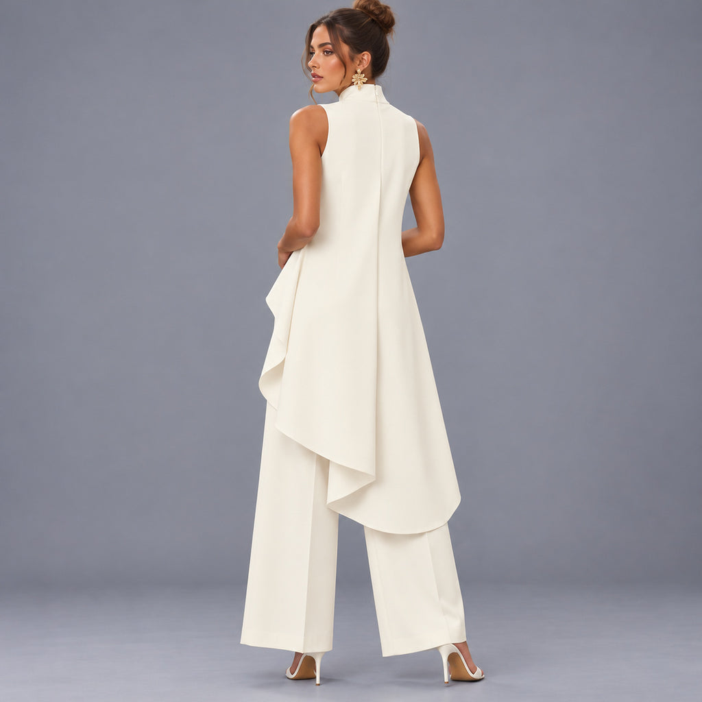 Draped top and wide-leg pants set, back view on model