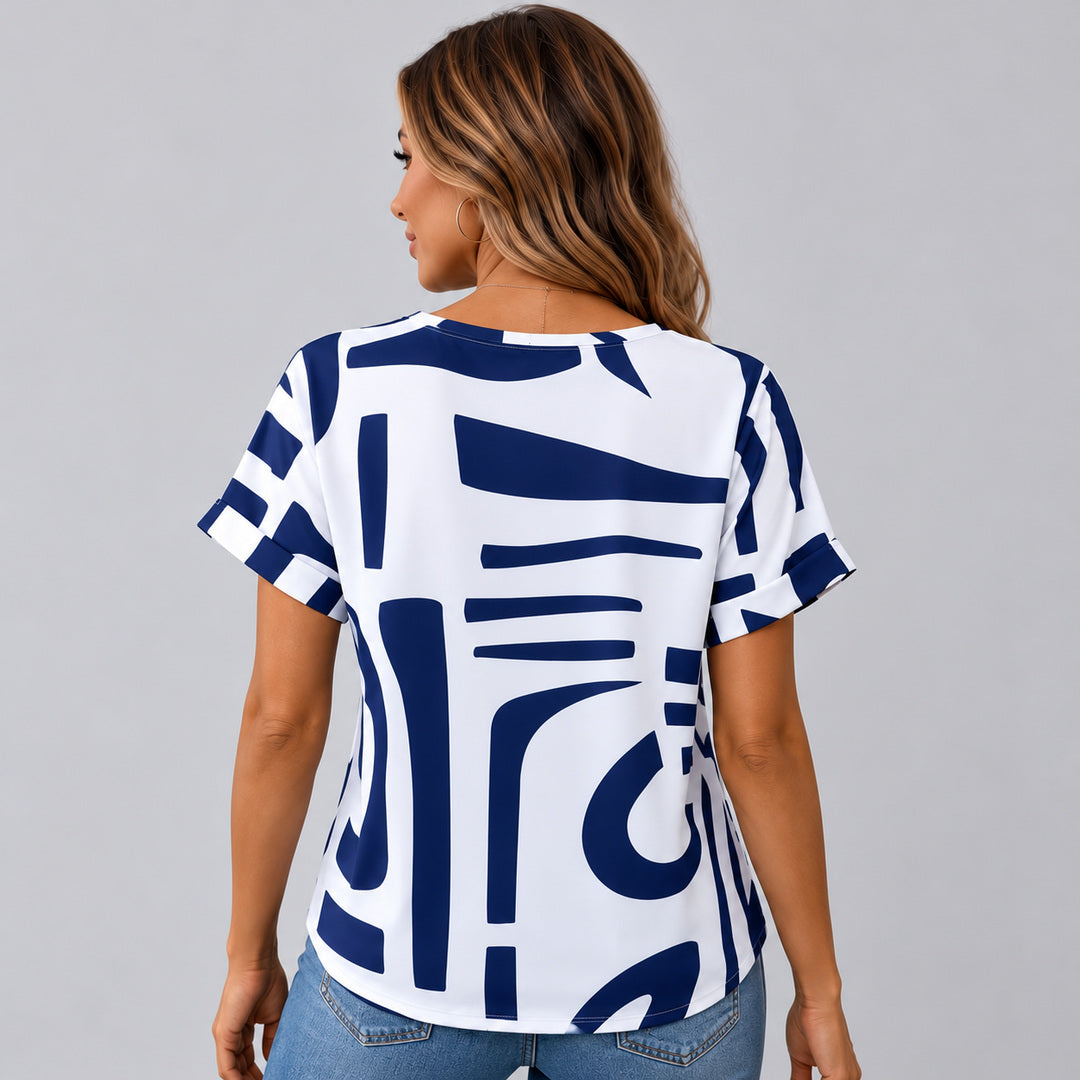 Abstract print tee, back view on model