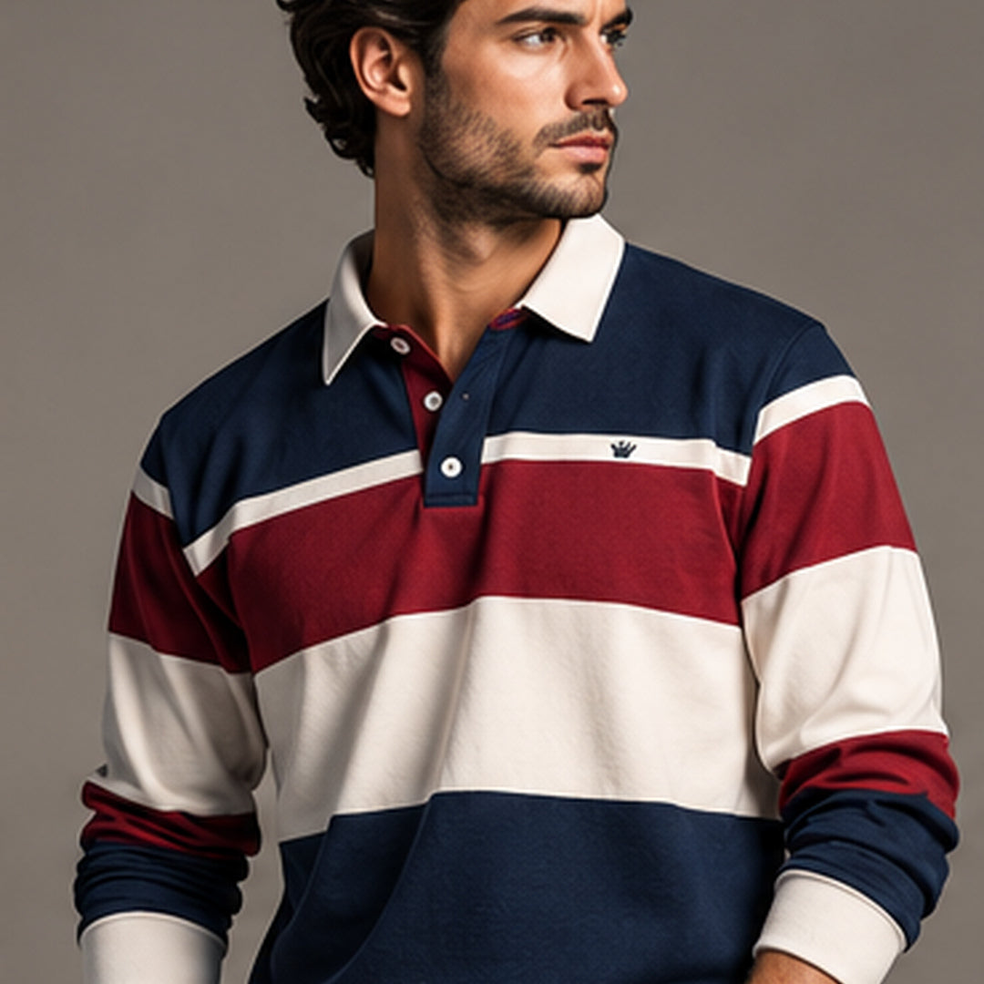 Striped rugby knit polo, front view on model