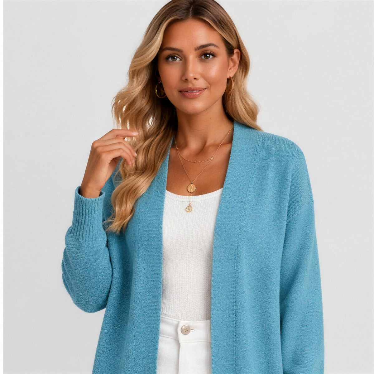 Longline open-front cardigan, front view on model