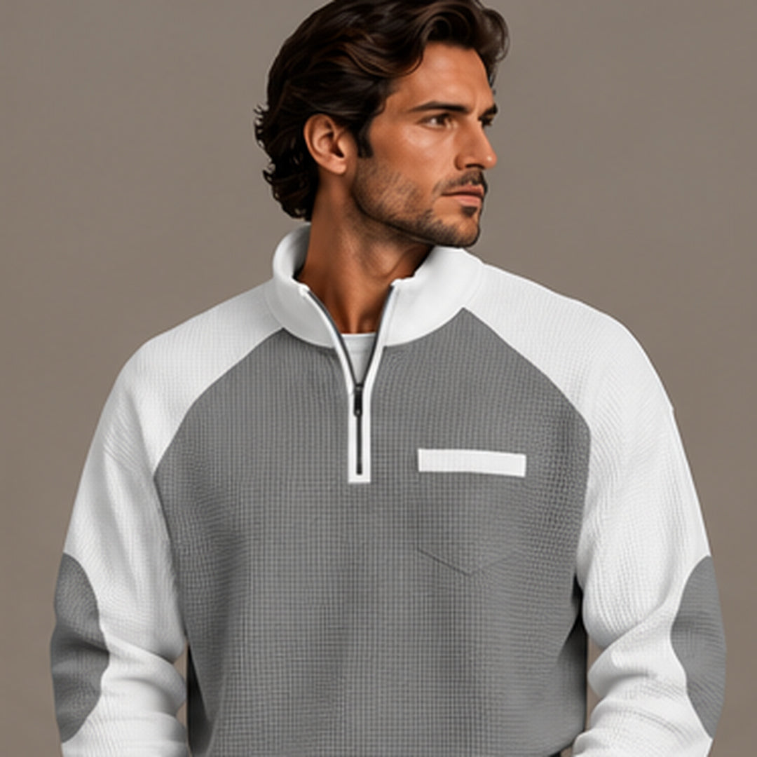 Waffle knit quarter-zip pullover in grey
