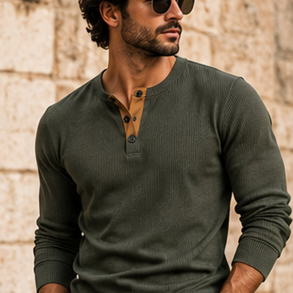 Man wearing the waffle knit henley in olive