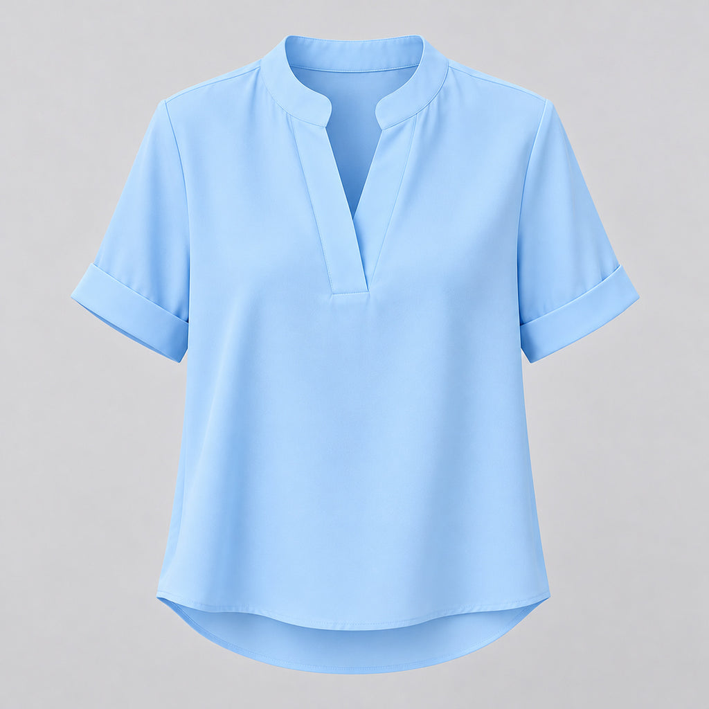 Sky blue split-neck blouse, front flat view