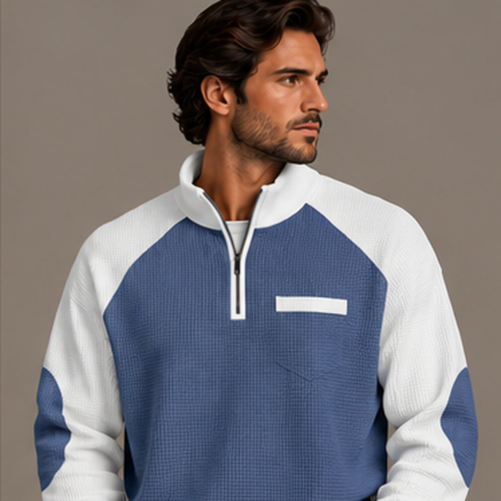 Waffle knit quarter-zip pullover in navy