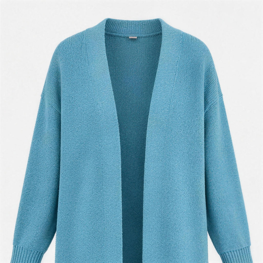 Dusty blue longline cardigan, front flat view