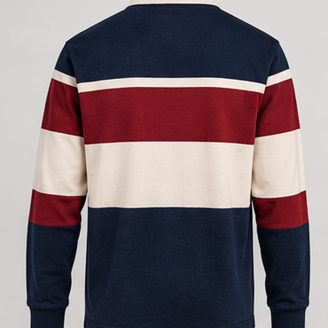 Striped rugby knit polo, back flat view