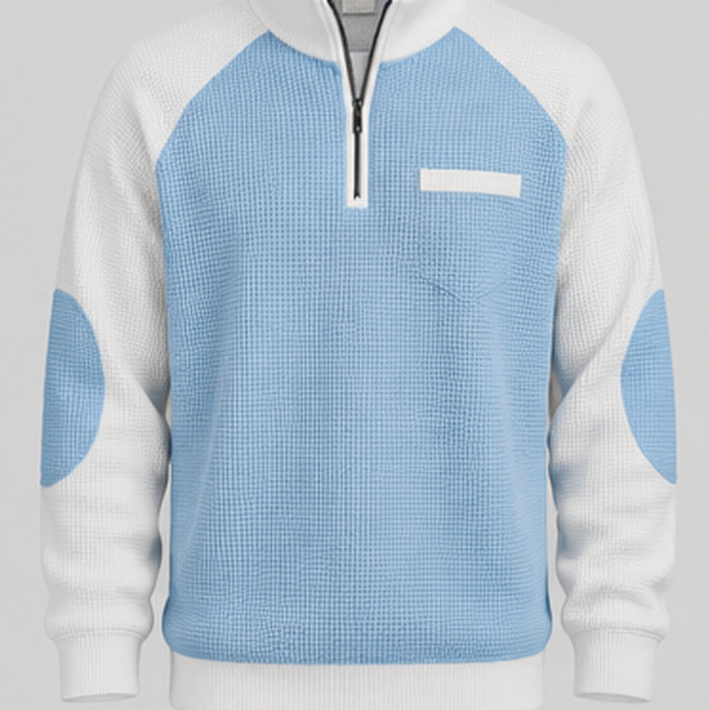 Light blue quarter-zip pullover, front flat view