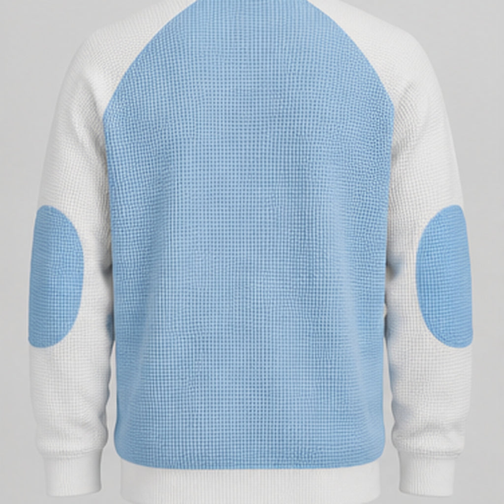 Light blue quarter-zip pullover, back flat view