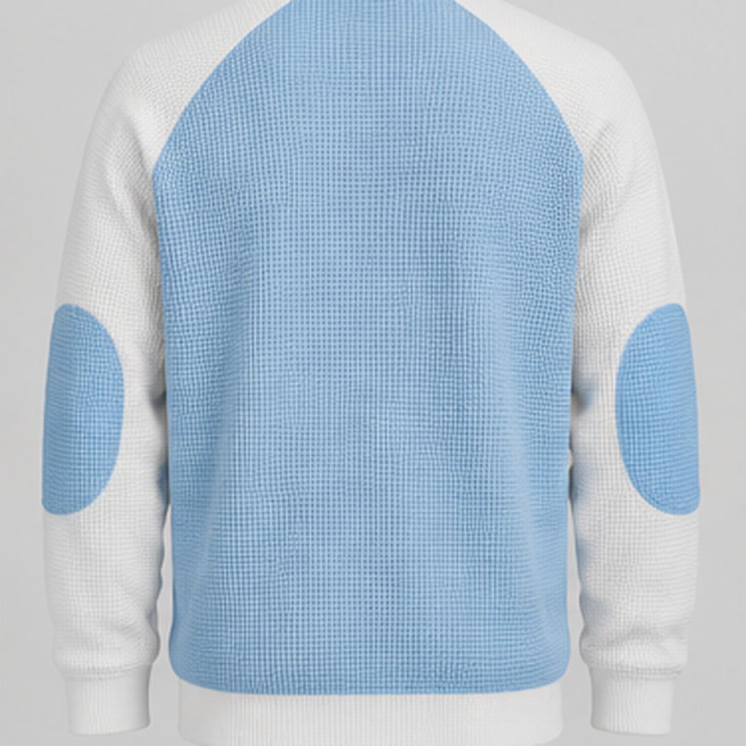 Light blue quarter-zip pullover, back flat view