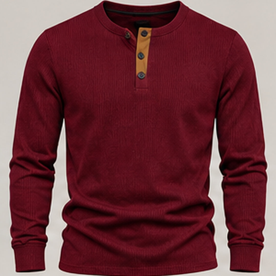 Burgundy waffle knit henley, flat view