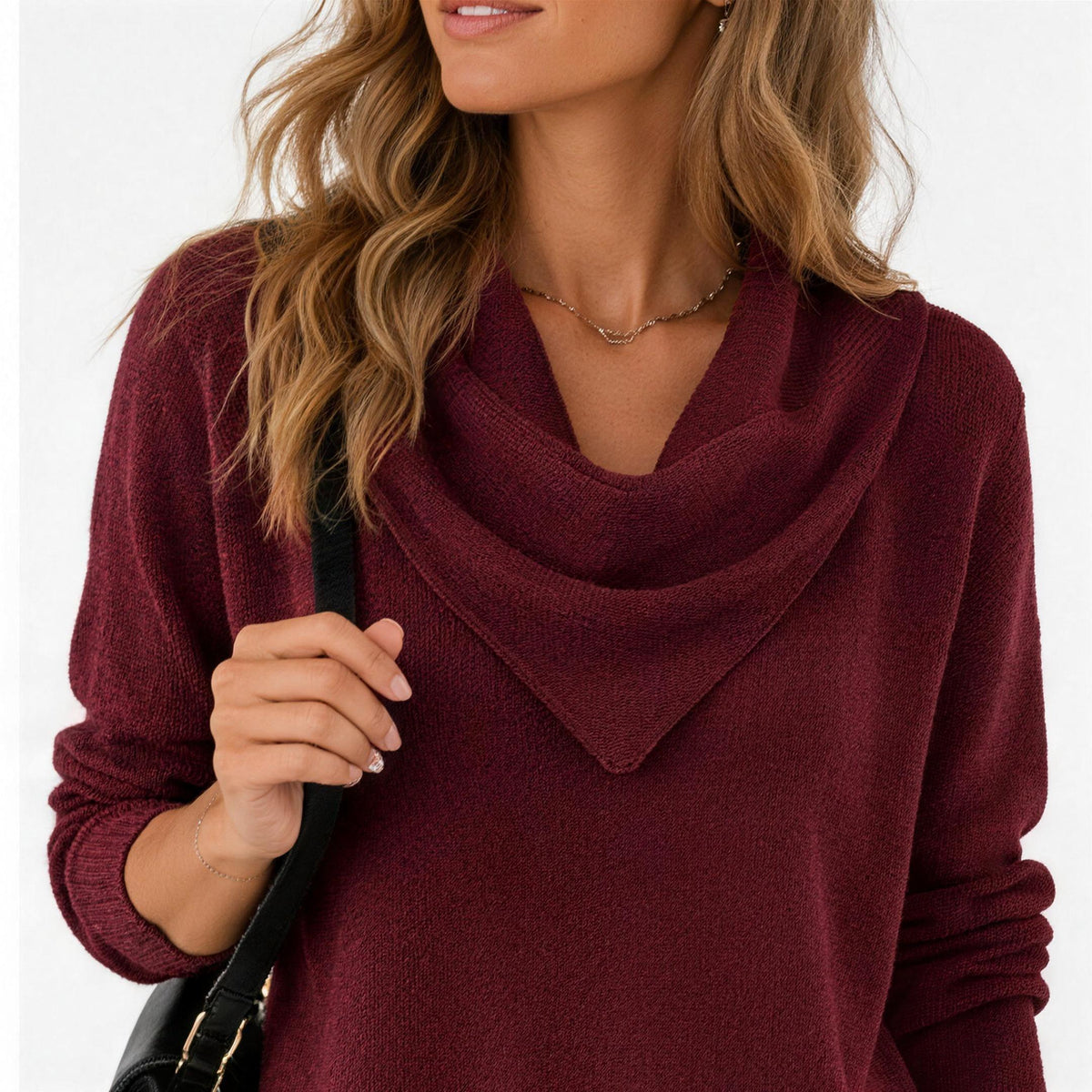 Cowl neck knit sweater in burgundy