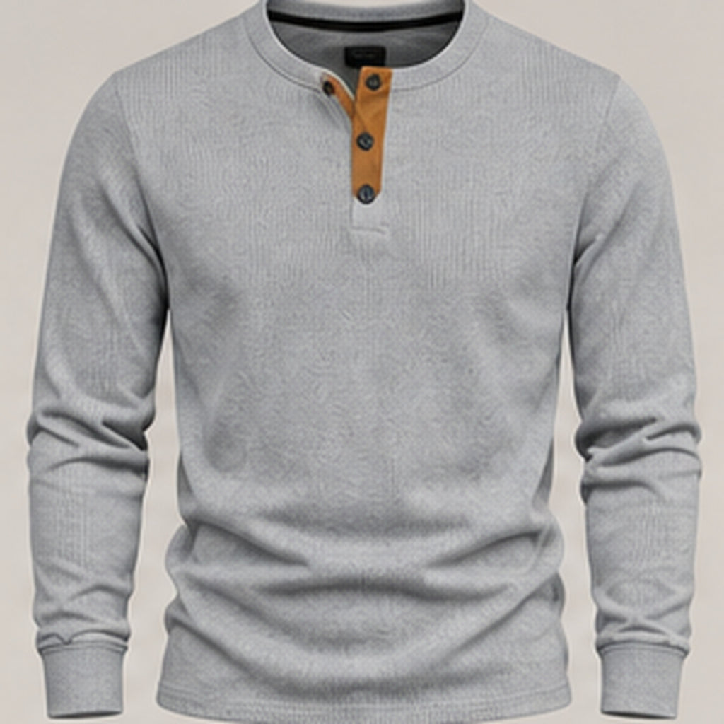 Light grey waffle knit henley, flat view