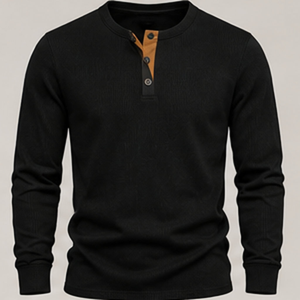 Black waffle knit henley, flat view