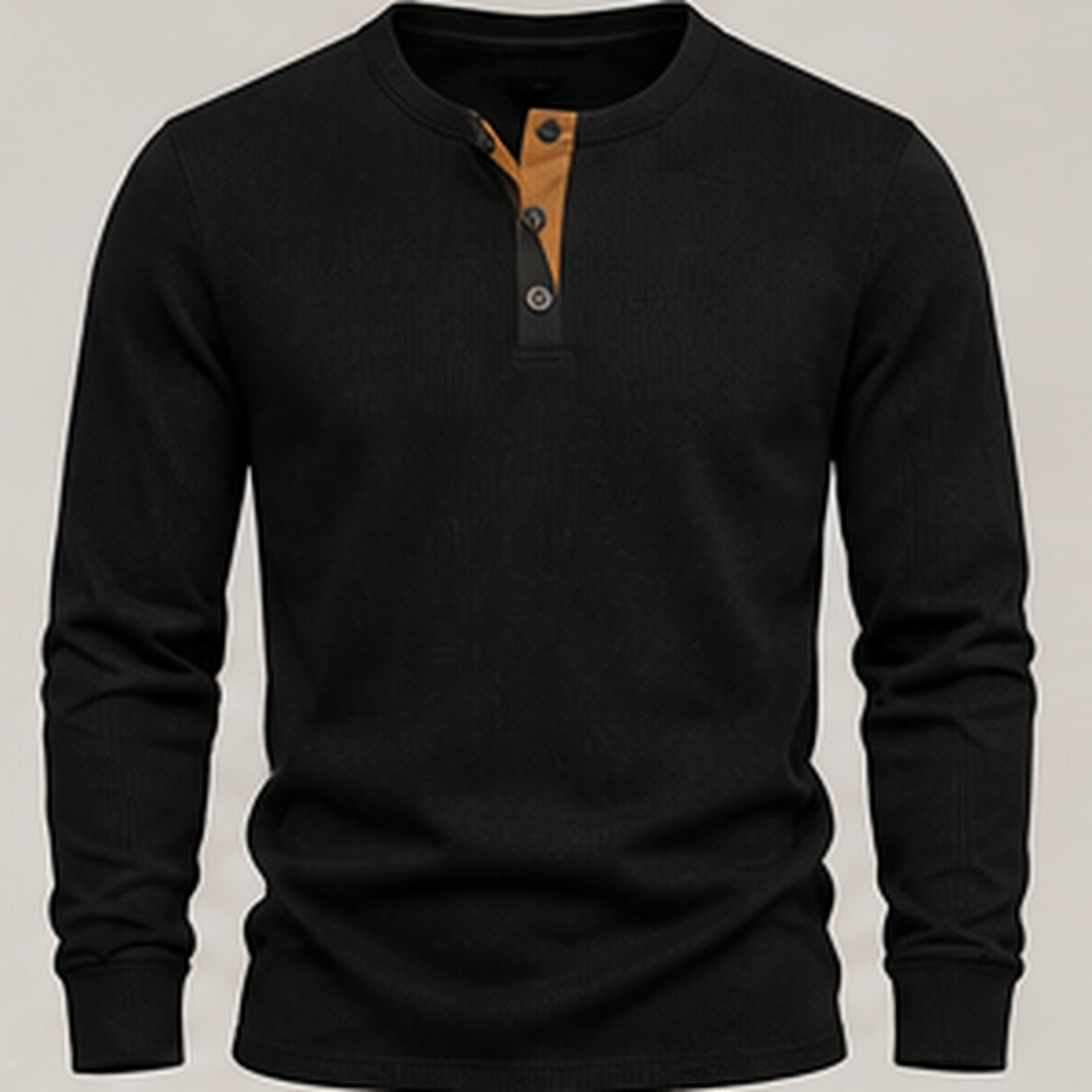Black waffle knit henley, flat view