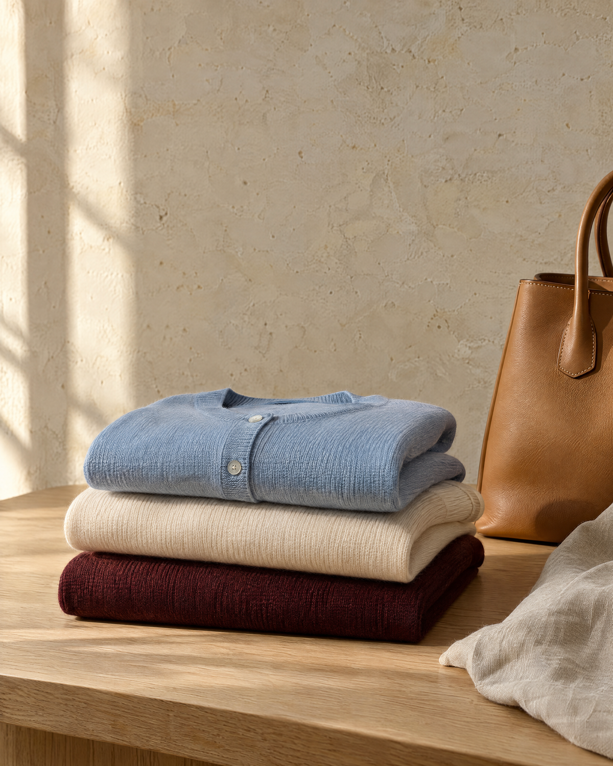 Folded light-blue, cream and burgundy knitwear on an oak table beside a camel leather bag